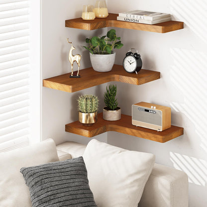 Fixwal Corner Floating Shelves for Wall Mounted Natural Solid Wood 16"x11.4" Farmhouse Home Decor Display Shelving Set of 3 (Rustic Brown)
