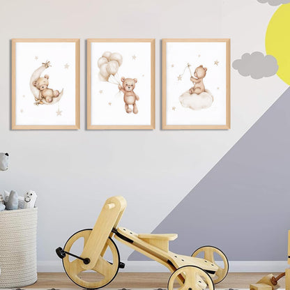 Framed Teddy Bear Wall Art Nursery Decor Set of 3, Bear Sleeping on The Moon and Stars Pictures Canvas, Neutral Bears Poster Prints Wall Decor for Kids Baby Room Girls Children Room – 12x16 inch