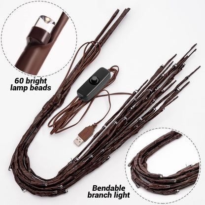KXCOFTXI 3 Pack Twig Lights, Prelit Branches, USB Plug in Branches Lights with 60 LED Bulbs, Romantic Decorative Iights for Vase, Lighted Tree Branches for Indoor, Plug in Lighted Branches for Party