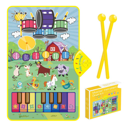 Musical Farm Animals Sounds Piano Mat for Kids, Sensory Educational Learning Toy with Drumset for Toddlers, Interactive Floor Touch Play Mat Dancing Keyboard Carpet for 1-5 Year Old Boy Girl Gifts