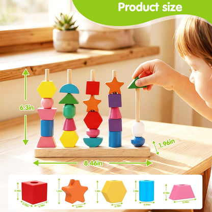 JRUXJWI Montessori Wooden Threading Beads Set for Toddlers 3 4 5, Bead Sequencing & Stacking Toy with Pattern Cards, Lacing Beads, Shape Matching Stacker, Fine Motor STEM Learning Gift