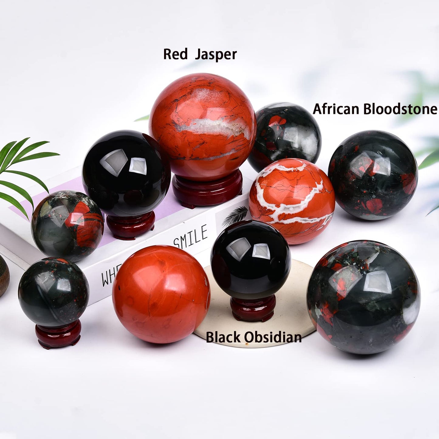 JIC Gem African Bloodstone Crystal Ball Natural Quartz Crystal Sphere Stone Ball with Wooden Base (70-80mm)