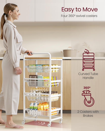 VASAGLE Storage Rolling Cart with Pull-Out Baskets, 5-Tier Utility Cart Orgnizer with Wheels for Laundry Room, Kitchen, Handle, 12.5 x 15.8 x 37.4 Inches, Golden Oak and Matte White ULRC041YA01