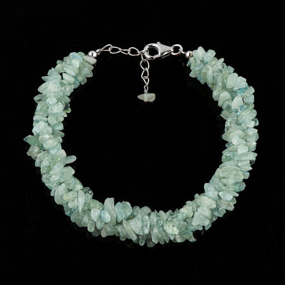 CRYSTALIS Natural Aquamarine Beads Braided Rope Bracelet, Chips Nuggets Beaded Gemstones, Chakra Healing Stones, Gift Giving Womens Jewelry, 925 Sterling Silver Bracelet 8 inch
