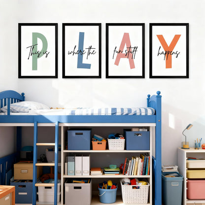 Cute Alphabet Play Framed Wall Art Set of 3, Natural Educational Alphabet Wooden Sign for Baby Girl Kid Boy Toddlers, Black Boho Preschool English Letters Nursery Decor for Homeschool Playroom