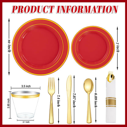 WDF Partyware 350Pieces Red Plastic Plates with Gold Rim Include 50Dinner Plate 10inch 50Dessert Plate 7inch 50 gold Cups 9 OZ, 50 Pre Rolled Napkins for Party/Baby Shower/Wedding/Spring/Mother's Day