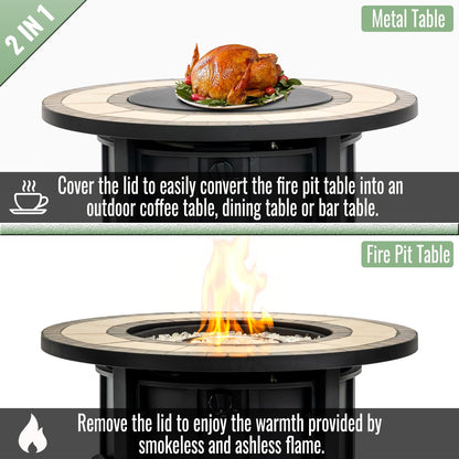 KEIKI 30 Inch Mosaic Ceramic Propane Fire Pit Table, Round Outdoor Gas Fireplace, Steel Patio Heater for Garden Deck