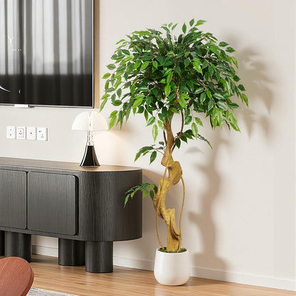 Keeplush 4ft Large Ficus Artificial Trees in White Pot, 48" Tall Fake Silk Tree with Natural Curved Trunk, Lush Faux Ficus Tree for Indoor Home Decor, Living Room, Office & Patio