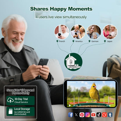 Bird Feeder with Camera,WiFi Smart Bird House with Cam Solar Powered for Outdoor,AI Identify,App Notification,Night Vision,2K Live View,Auto Record Video,Birdwatching Gifts for Family,Birds Lover