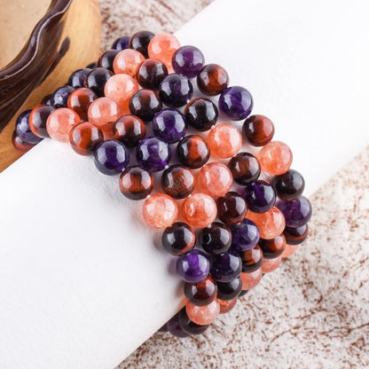 OdrillionGems Triple Crystal Healing Bracelet - Sunstone - Red Tiger's Eye - Amethyst Handmade Bracelet Stretchable Genuine Round Beaded 10mm Unisex Jewelry Chakra Stones - Yoga - Energy - Spiritual