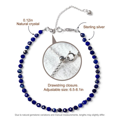 TAGREVO Natural Lapis Lazuli Crystal Silver Bracelet, 0.12" Faceted Stone Beads Adjustable Jewelry for Women, Handmade Crown Chakra Design for Meditation & Spiritual Gifts