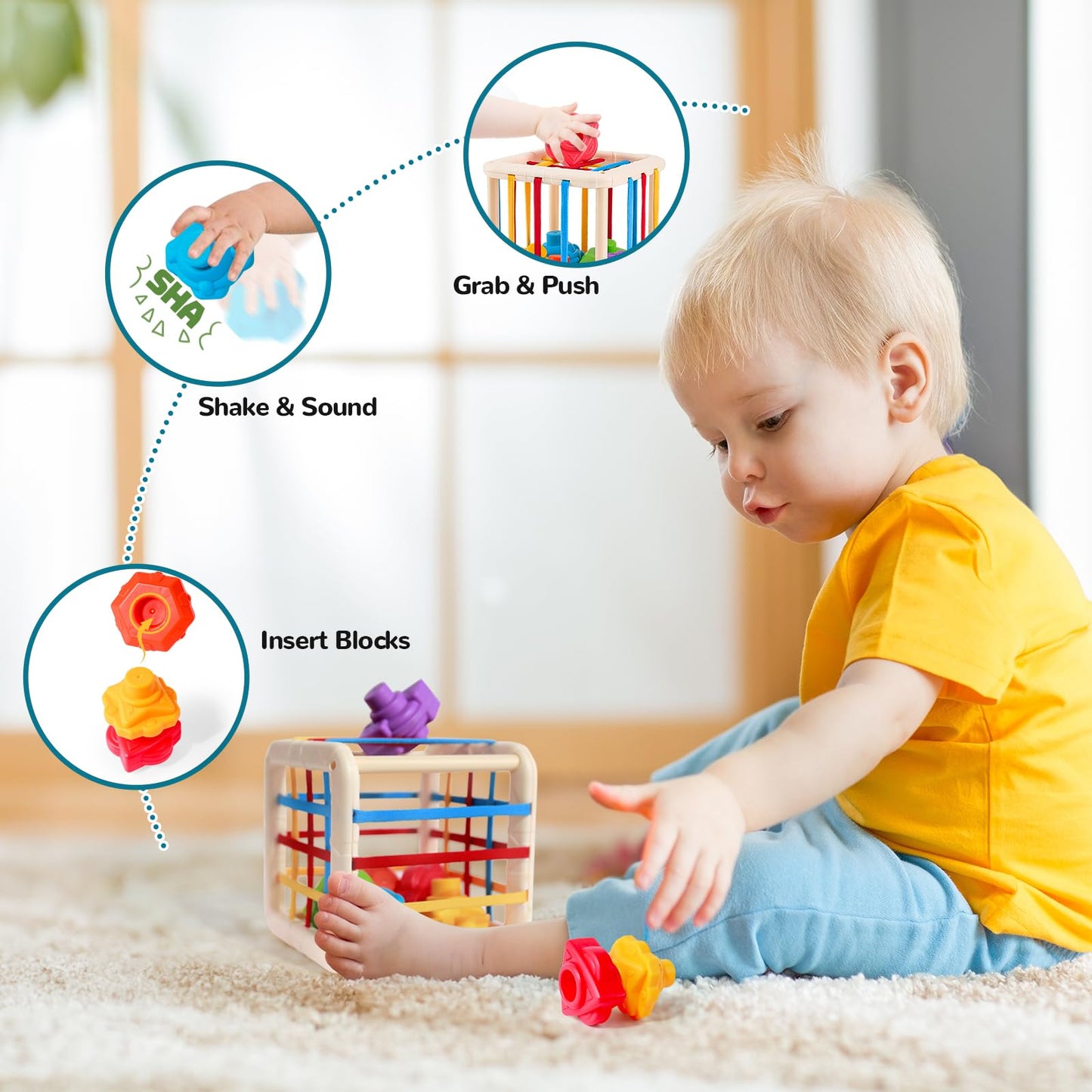 YOOYID 5 in 1 Baby Toys 6 to 12 to 18 Months, Montessori Toy for Babies 6-12 Months, Gifts for 1 Year Old, Sensory Toys for Babies, Baby Tissue Box, Stacking Cups, Shape Sorter Cube