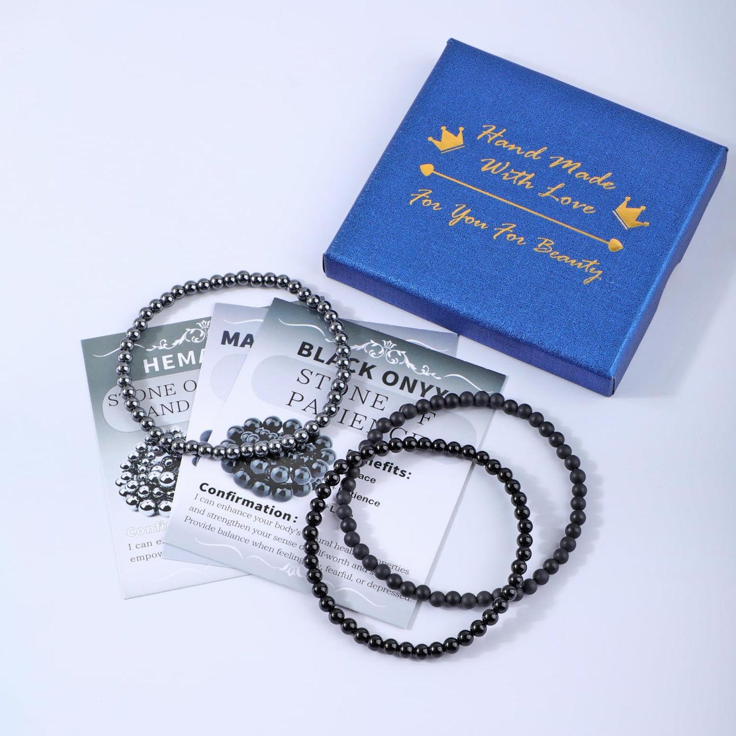 NCB 3-Piece 4mm Natural Crystal Gemstone Stretch Bracelets – ﻿Black Onyx, Hematite, Matte Black Agate Handmade Reiki Energy Healing Jewelry for Meditation,Yoga, Unisex