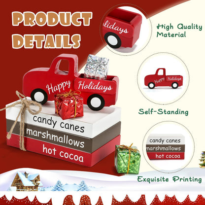 Christmas Decoration 7PCS Table Centerpieces, Tabletop Christmas Tiered Tray Shelf Mantel Fireplace Coffee Bar Office Desk Decor Farmhouse Xmas Wood Faux Book Sign and Gift Boxes Holiday Decoration