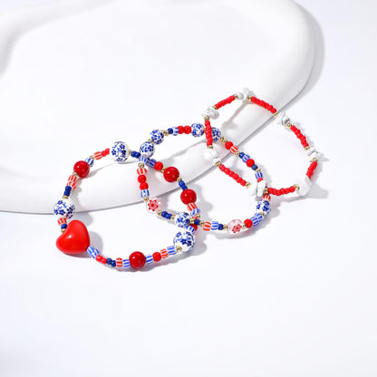 Dainty heart Charm Beads Bracelet for Women Blue And White Vintage Ceramics Flower Bracelet Handmade Stretch Cute Beaded Romantic stackable Jewelry Gifts