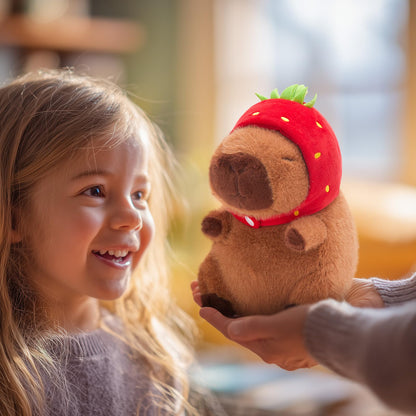 Athionsu 9’’ Capybara Plush with Strawberry Hood Cute Kawaii Soft Stuffed Animal Toy Cozy Plush Pillow for Toddler Kids Boys Girls