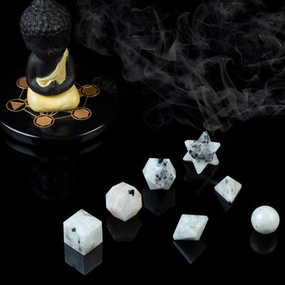 ZAICUS Rainbow Moonstone 7 Pcs Platonic Solids Crystal Geometry Set, Platonic Solids Sacred Geometric Stones for Meditation Healing Chakra Stone Cleansing Spiritual Good Luck (15-20 mm)