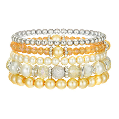 Noessla Beaded Pearl Stretch Bracelet Silver Stackable Crystal Beads Bracelets Trendy Costume Jewelry Mothers Day Gifts for Women(Yellow)