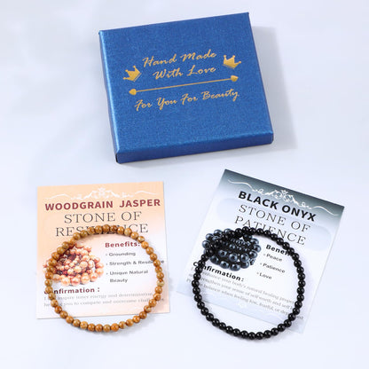 NCB 2-Piece 4mm Natural Crystal Gemstone Stretch Bracelets – ﻿Black Onyx, Woodgrain Jasper Handmade Reiki Energy Healing Jewelry for Meditation,Yoga, Unisex