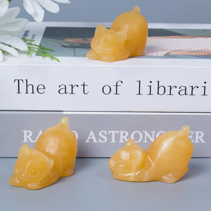 2 Inch Yellow Calcite Cat Crystal Figurines, Cute Kitten Statues for Kitten Lovers and Collectibles, Cat Decor Fingurines for Home Desk Office, Carved Healing Crystal Reiki Animal Gifts for Women