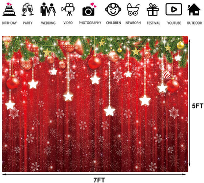 LTLYH 7x5ft Christmas Photography Backdrop Red Glitter Snowflake Star Hanging Ornaments Holiday Photo Background Xmas Party Decorations Holiday Photo Background 113