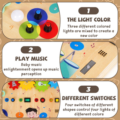 Montessori Busy Board for Toddlers,Wooden Sensory Toys with Wooden Drum Musical Toy,LED Lights,Switches,Learning ActivityBoard for Fine Motor Skills, Travel Toy Fidget Board for Baby Boy & Girl