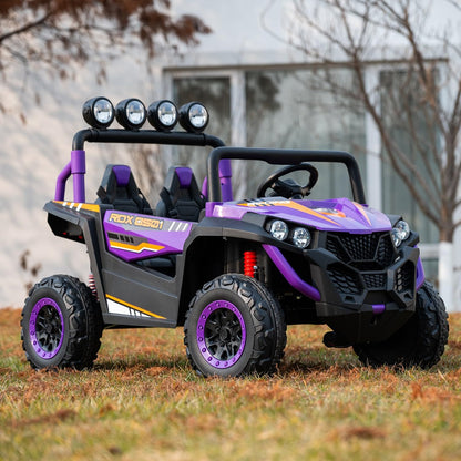 24V 2-Seater Kids Ride-On UTV, 4WD Electric Car with Parent Remote Control, 4x200W Motor, LED Headlights & Searchlights, Bluetooth Music, Spring Suspension, 3-Speed Off-Road Toy Gift, Purple
