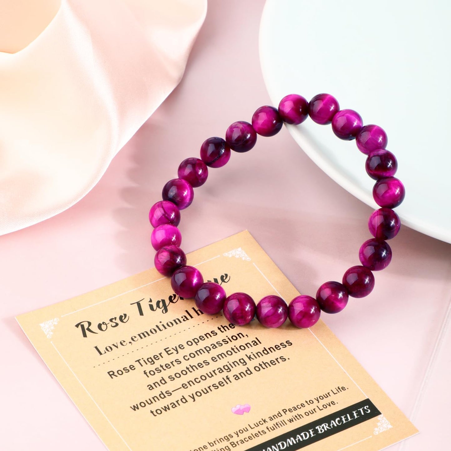 AD Beads 8mm Handmade Rose Tiger Eye Elastic Bracelet – Natural Gemstone for Love,emotional healing. – Meditation, Yoga, Healing and Energy Gift for Men Women