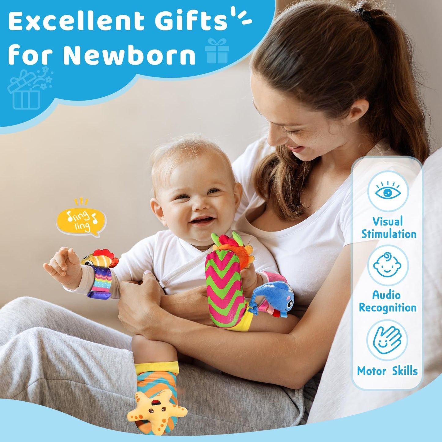 URMYWO Wrist Rattles for Baby - Rattle Socks - Foot Finder Set - Baby Toys for 0-12 Months Infant - Newborn Essentials - Early Learning Sensery Toys for Boy Girl as Shower Gifts