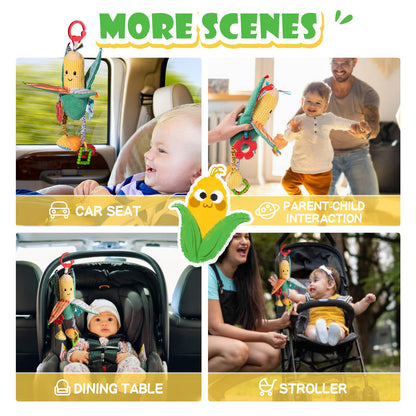PHEZAPA Hanging Rattles Crib & Car Seat Toys for Babies 0-12 Months with Crinkle, Squeaky & Teether, Sensory Corn Soft Stuff Stroller Toys for Newborns, Boys Girls Gifts