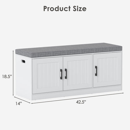 Suuiwau 3-Tier Shoe Storage Bench with Adjustable Shelf, Large Capacity Entryway Shoe Bench with Thickened Padded Seat Cushion and 3 Doors for Entry, Bedroom, Hallway (White,42.5 * 14in)