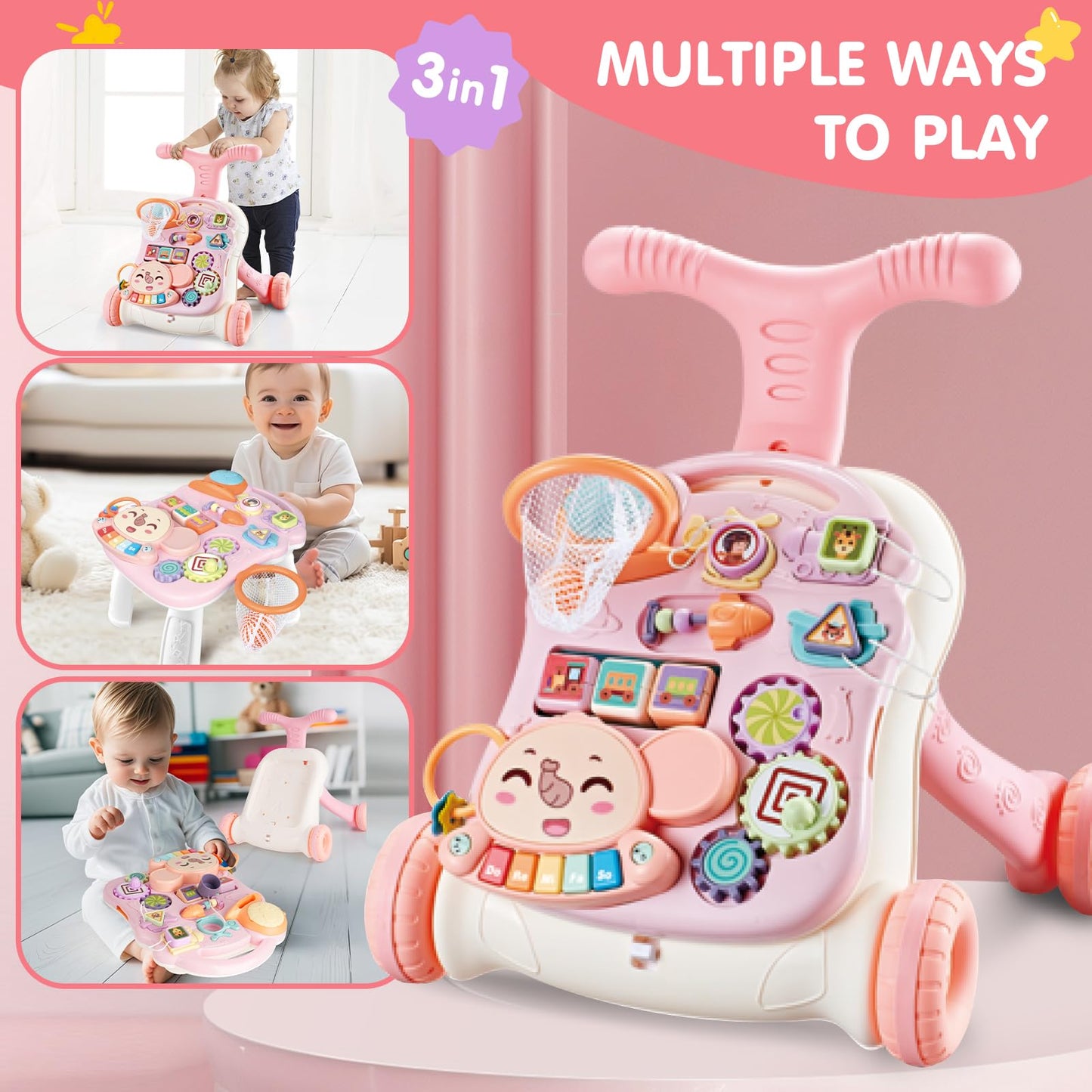 AuntyFey Baby Walker, 3 in 1 Push Walker for Baby Girls Boys, Baby Walking Toy for 1 Year Old Learning to Walk, Sit to Stand Baby Walker Push Toy for Girl 12 Months, Pink