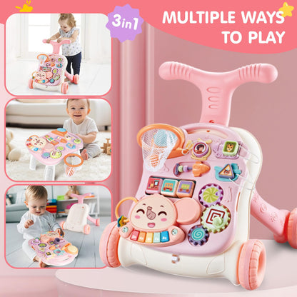AuntyFey Baby Walker, 3 in 1 Push Walker for Baby Girls Boys, Baby Walking Toy for 1 Year Old Learning to Walk, Sit to Stand Baby Walker Push Toy for Girl 12 Months, Pink
