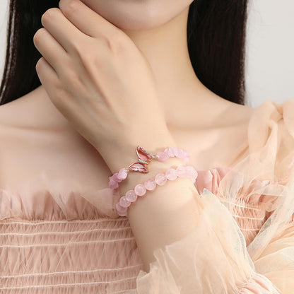 DUQGUHO 2Pcs Rose Quartz Butterfly Bracelets for Women, Pink, Cute Butterfly Charm, Healing Crystals, Crystal Gifts