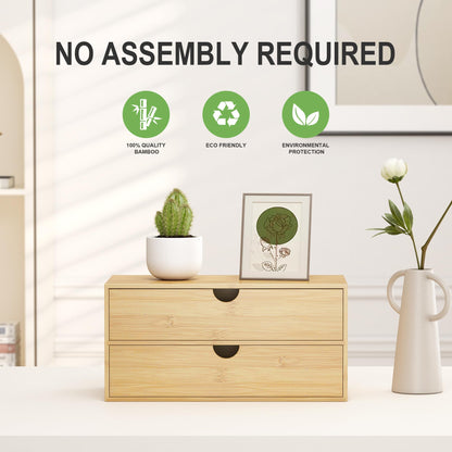 Wisuce Desk Organizer with Drawers - Bamboo Desktop Organizer Storage | White-Natural Wood Desk Drawers Organizer for Bills, Office Supplies, Cosmetics, Seals No Assembly Required(2 drawers edge-free)