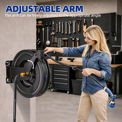 SPECILITE Hot/Cold Retractable Garden Hose Reel 50ft x 5/8'', -50℉ - 190 ℉, Wall Mount Water Pipe Spool, Heavy Duty, with 6ft Leader Hose, 8 Function Nozzle, for Backyard, Outdoor, Farm, Boat, Black