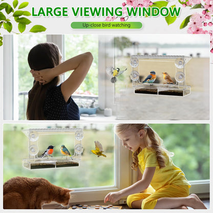 Gbekery Window Bird Feeder for Outdoors with Strong Suction Cups, Acrylic Clear Window Bird Feeders for Viewing with Large Capacity Detachable Seed & Water Tray