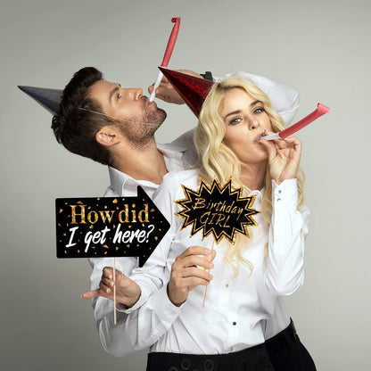 Outus 24 Pieces Photo Booth Props Birthday with Stick Happy Birthday Weddings Graduation Prom Bday Wedding New Year Party Supplies Funny Photo Booth Pose Signs Selfie for Men Women(White, Gold)