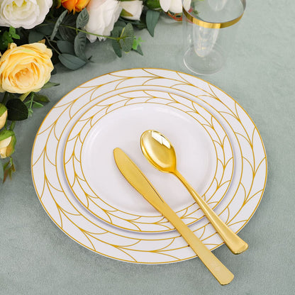 COLOSUS 175pcs Disposable Gold Plastic Plates and Silverware set Include Plastic Dinner Plate/Dessert Plate/Gold Silverware/Cup/Napkins 25pcs of each, New Year Dinnerware Set for 25guests.