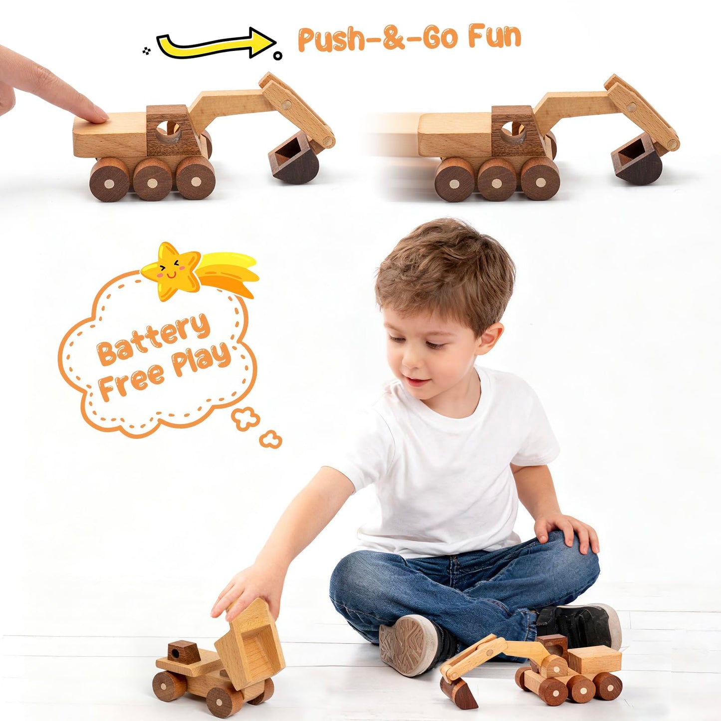kienvy Wooden Toy Cars for 3 Year Old Boys & Girls - Construction Vehicles Set Push Toys for Toddlers, Wood Montessori Car with Rolling Wheels, Natural Wood Toys (Excavator & Dump Truck)