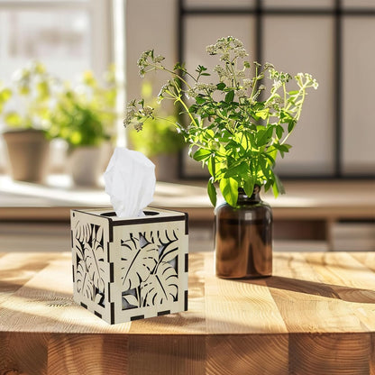 Wooden Tissue Box Cover Square,Laser Cut Decorative Cube Tissue Box Holder for Farmhouse Decor (Leaf -Pattern)