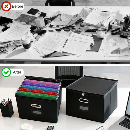 4 Pack File Organizer Boxes with Lids, Collapsible Document Storage Bin with Mesh Pockets & Zipper, Fits Letter/Legal Size Folders for Home Office Moving Classroom Organization (Black, No Folders)