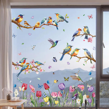 Hianjoo 9 Sheets 76 PCS Tulip Window Clings with Bird Branch Butterfly Double Sided Reusable Spring Holiday Decorations for Room Office