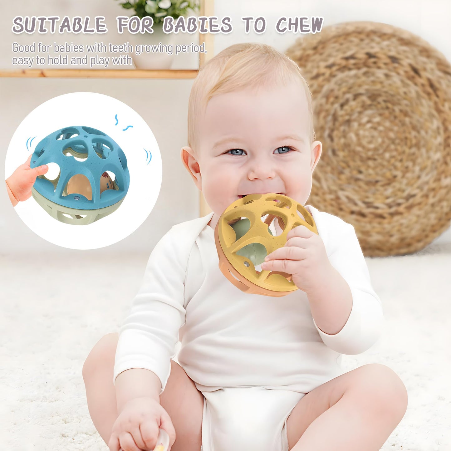 Sensory Rattle Balls Textured—Baby Teething Sensory Montessori Toys, Soft chew with rattles, Wheat Straw Travel 6-12M + Baby Sensory Balls—Textured Geometric Shapes, Spiky Squeeze Bath Gifts.