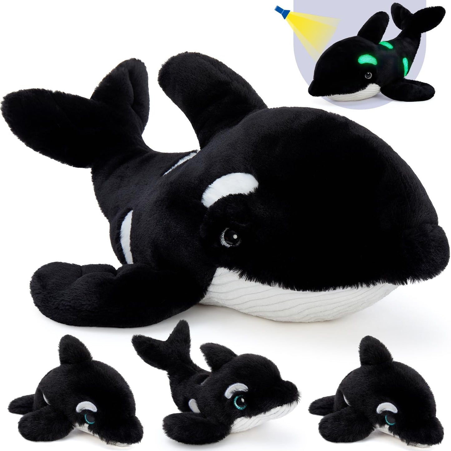 Tezituor Large Orca Stuffed Animal with 3 Babies Glow in The Dark, 23.6" Huggable Killer Whale Plush Toy Realistic Soft Ocean Animal Plushies Birthday Gifts for Boys Girls