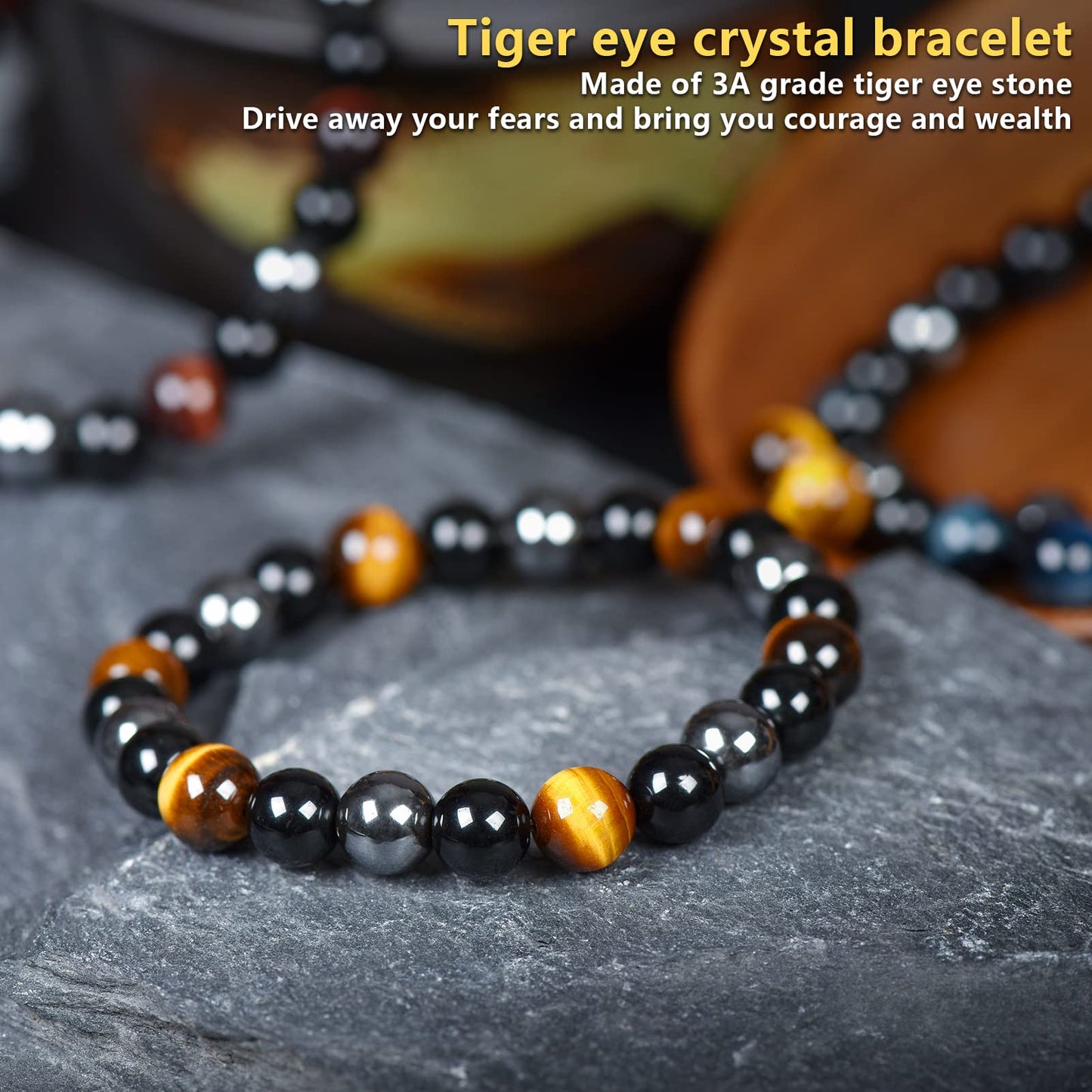 SAMXY Triple Protection Bracelet, 8mm Healing Crystal Bead Bracelet, 3pcs Blue Red Tiger's Eye Obsidian Hematite Bracelet Women Men