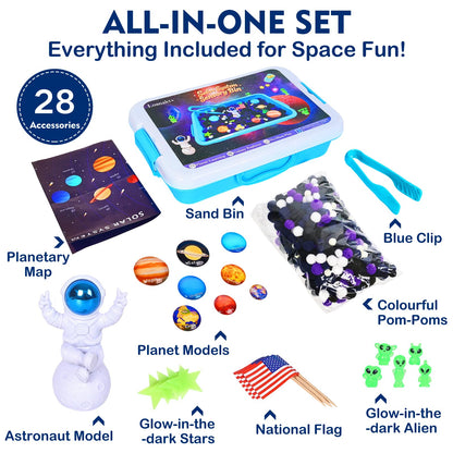 Losnakt Space Sensory Bin for Toddler, Science Themed with 8 Planets & Star Map, No-Mess Soft Pom Poms for Preschool Learning, Gifts for Boys Girls Age 3 4 5 6+