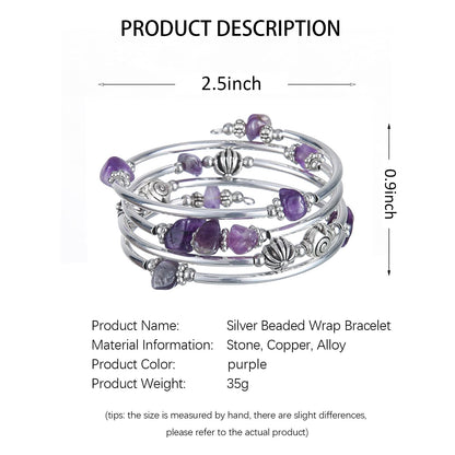 FULU AUTUMN Stone Silver Bangle Wrap Bracelet Boho Turquoise Crystal Chips Bead Bracelets Fashion Jewelry Birthday Gifts for Women(19-Purple)