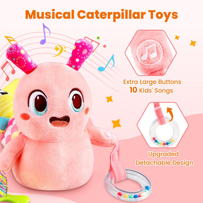 Baby Toys 0-6 Months, Washable Baby Musical Caterpillar Toys with 10 Children's Songs,Rattles,Teething Toys,Suitable for 0-6, 6-12 Months Infant Tummy Time Toy,Newborn Baby Boy&Gril Gifts(Light Pink)