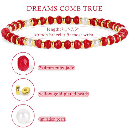 QOGIR Ruby Jade - Dreams Come True - 14K Gold Plated Beads Gemstone Stretch Elastic Dainty Healing Beaded Bracelets Gifts 2x4mm